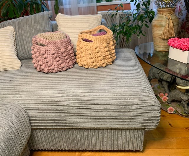 かぎ編みバスケット収納 ハンドル付きかぎ針編みバスケット バスケット収納 - ショップ