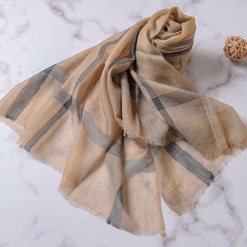 Cashmere cashmere scarf/shawl dark gray striped brown undyed original color soft and warm - Knit Scarves & Wraps - Wool Khaki