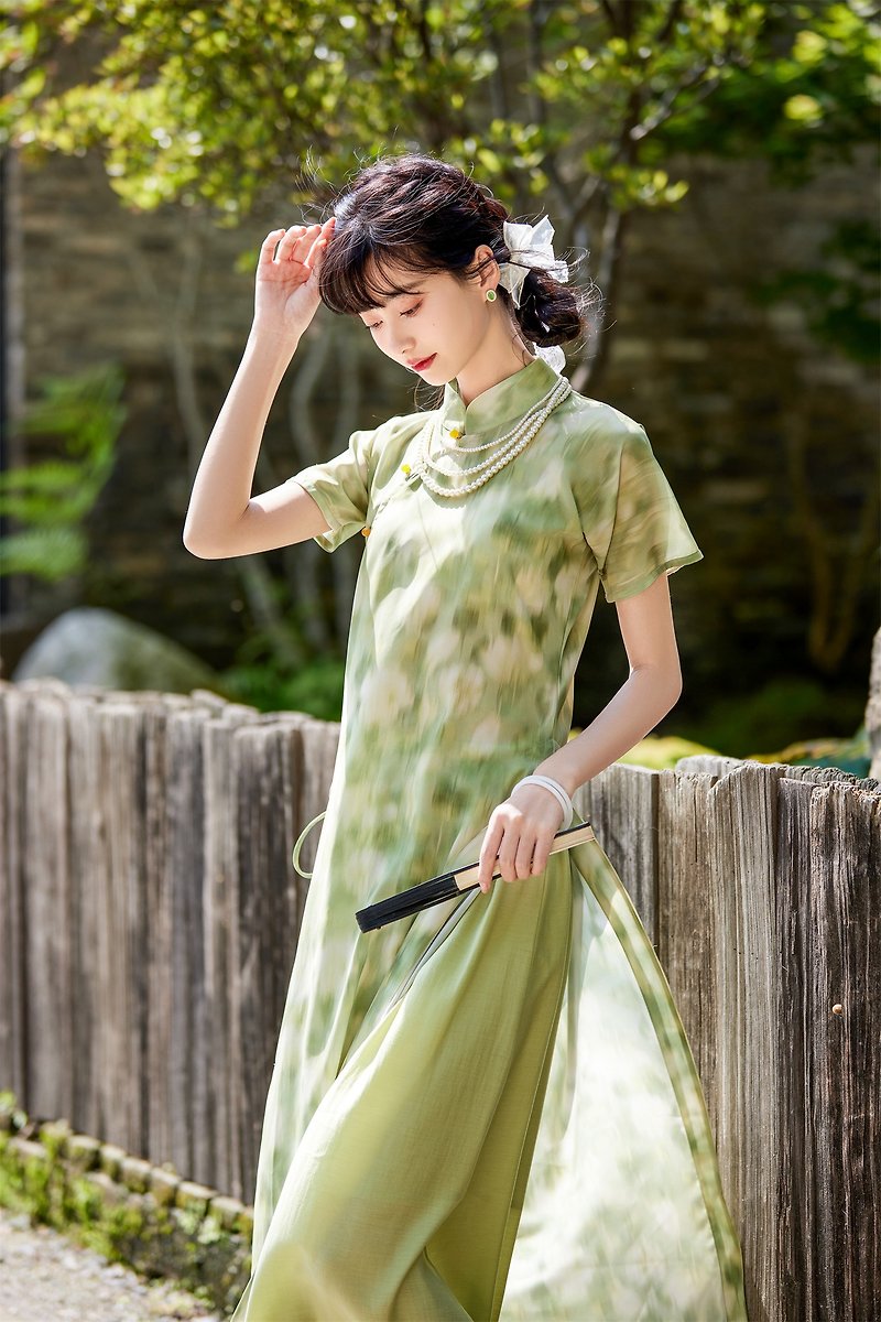 渲染綠色 兩件套文藝復古少女旗袍 新中式國風春節改良洋裝連身裙 - 旗袍/改良式旗袍 - 其他人造纖維 綠色
