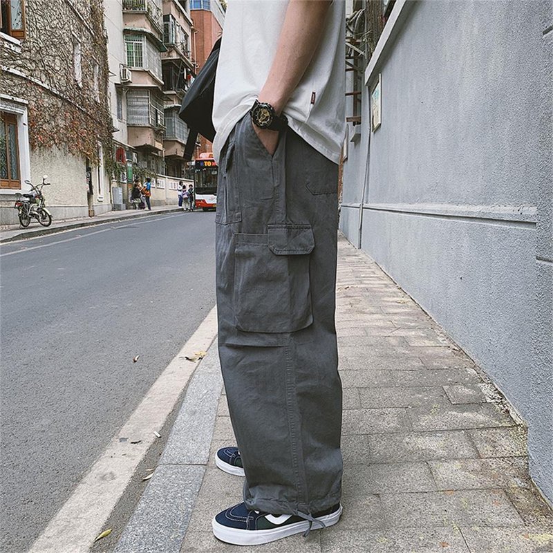【雙 11 限定】潮牌港風抽繩直筒多口袋工裝褲 - 男長褲/休閒褲 - 棉．麻 灰色