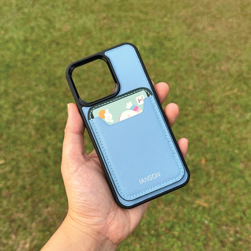 【Magsafe iPhone Case W/CardHolder】Light Blue Saffiano | Compatible with All Mode - เคส/ซองมือถือ - หนังแท้ สีน้ำเงิน