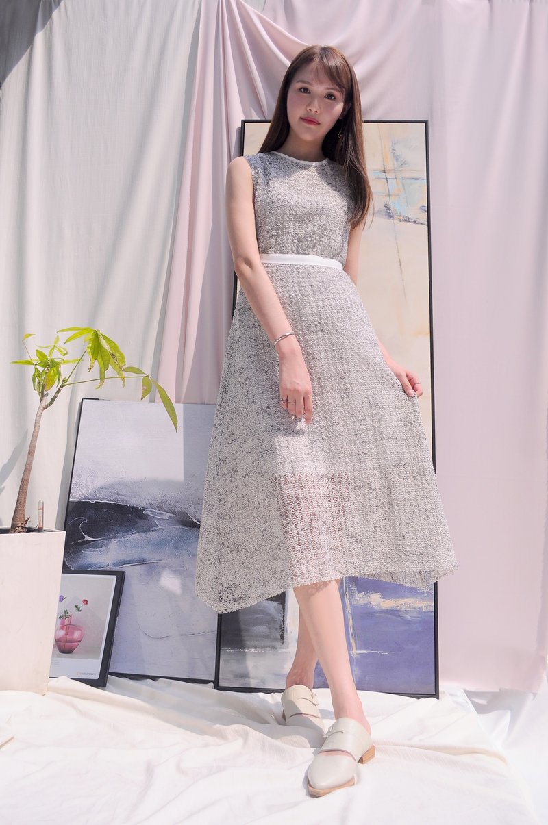 Estella Dress黑白色花線編織連身裙 - 洋裝/連身裙 - 其他人造纖維 灰色