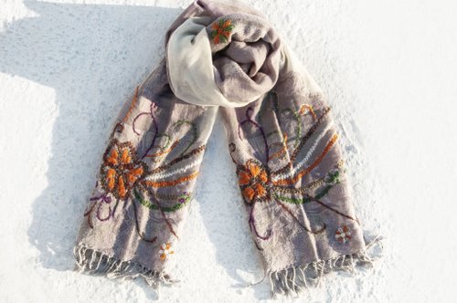 omhandmade 喀什米爾Cashmere刺繡羊毛披肩 針織圍巾 刺繡圍巾 克什米爾-花朵