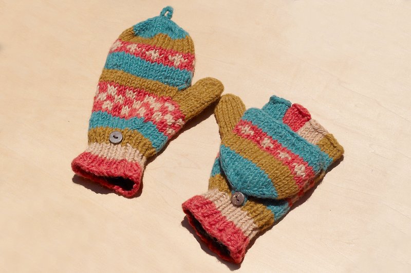 Christmas gifts creative gift limit a hand-woven pure wool knitted gloves / detachable gloves / warm gloves (made in nepal) - Spain playful color mosaic totem - ถุงมือ - ขนแกะ หลากหลายสี
