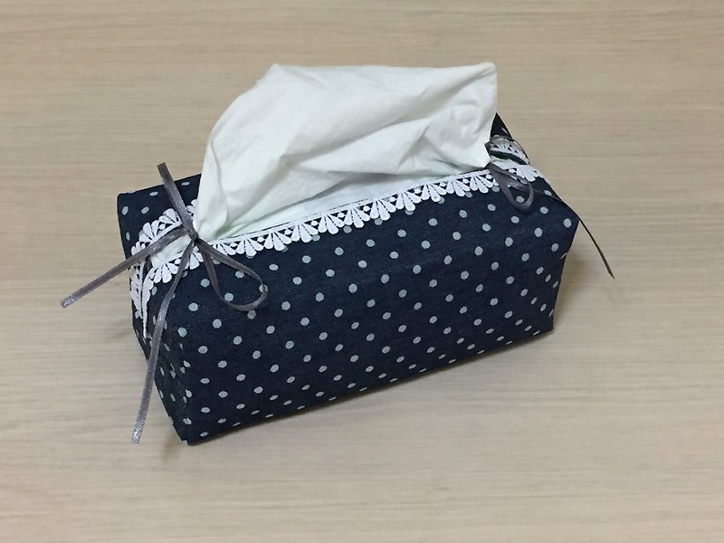 Bag removable facial paper cover_denim denim water jade dot lace ribbon - Items for Display - Cotton & Hemp Blue