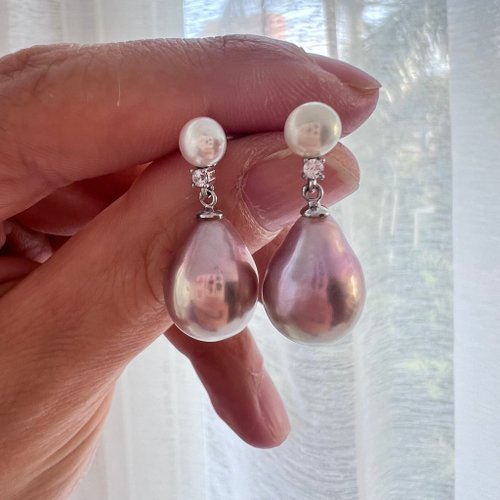Ellajo Bijoux 天然粉紫色絢彩大水滴珍珠垂墜耳環