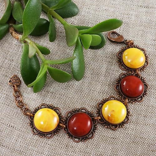 AGATIX Cherry Red Yellow Glass Large Copper Flower Vintage Style Bracelet Woman Jewelry