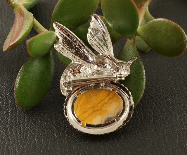 オーカーハニーイエローレース瑪瑙石シルバービー昆虫ブローチ