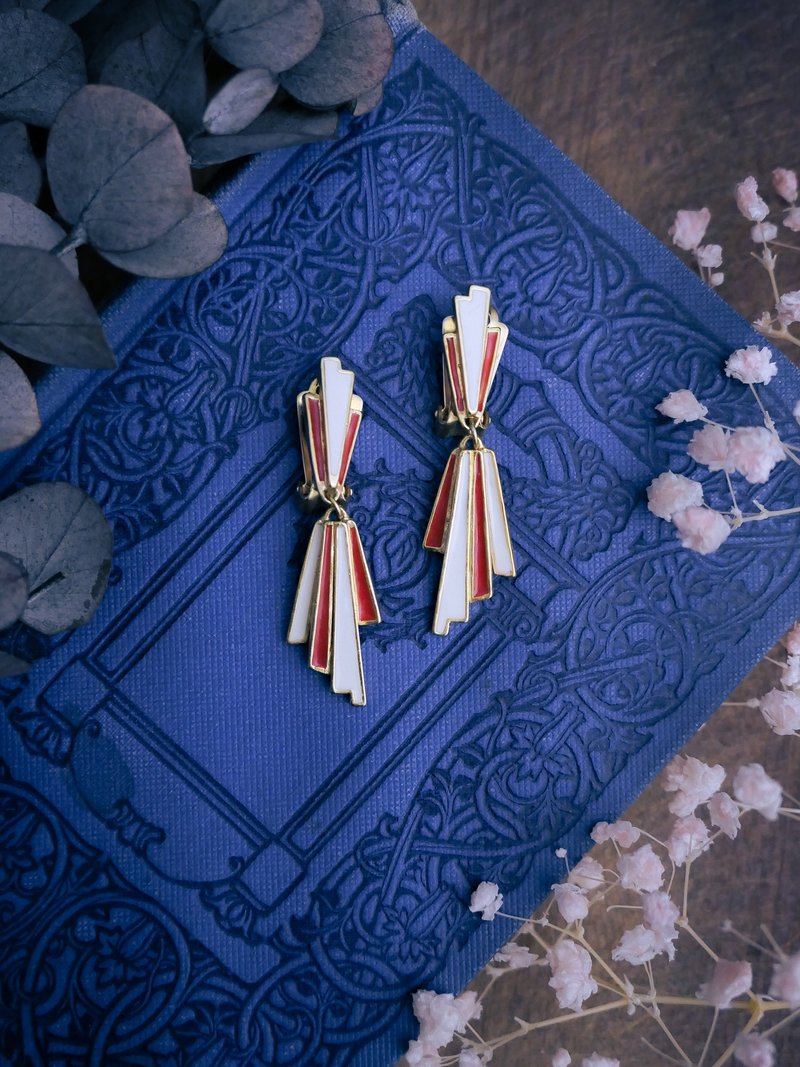 ORENA 幾何花火紅白垂墜耳環－法國古董首飾 Vintage Jewelry - 耳環/耳夾/耳骨夾 - 琺瑯 