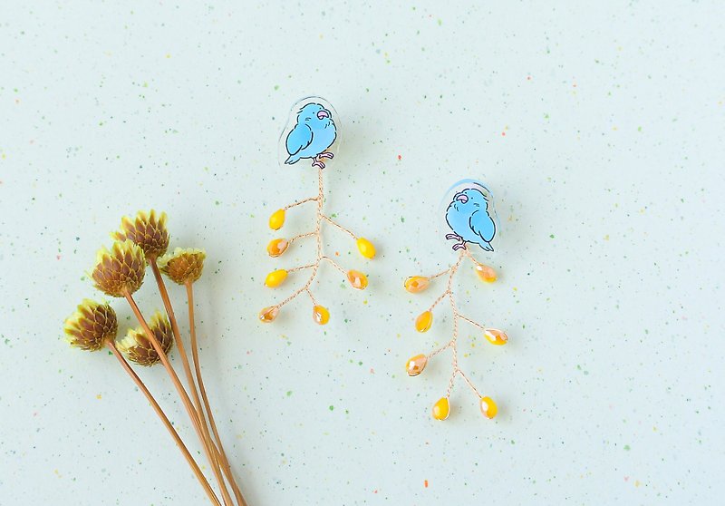 青い小鳥とミモザのピアス - 耳環/耳夾 - 壓克力 藍色