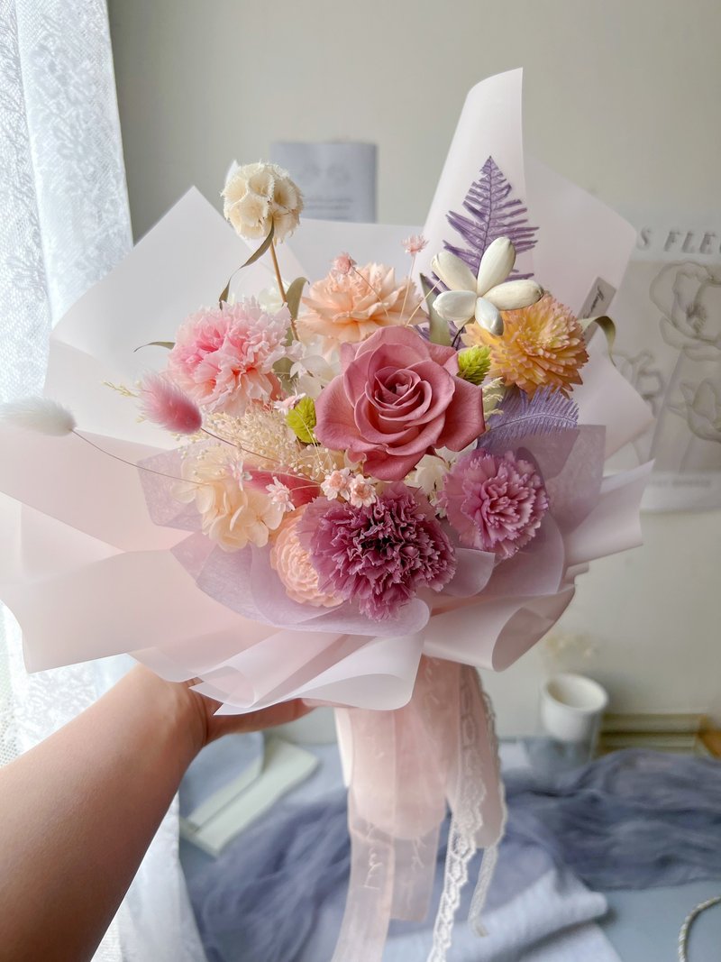 【生日花束】flower-of-life 時光深處的花 日本永生玫瑰花束 - 乾燥花/永生花 - 植物．花 粉紅色