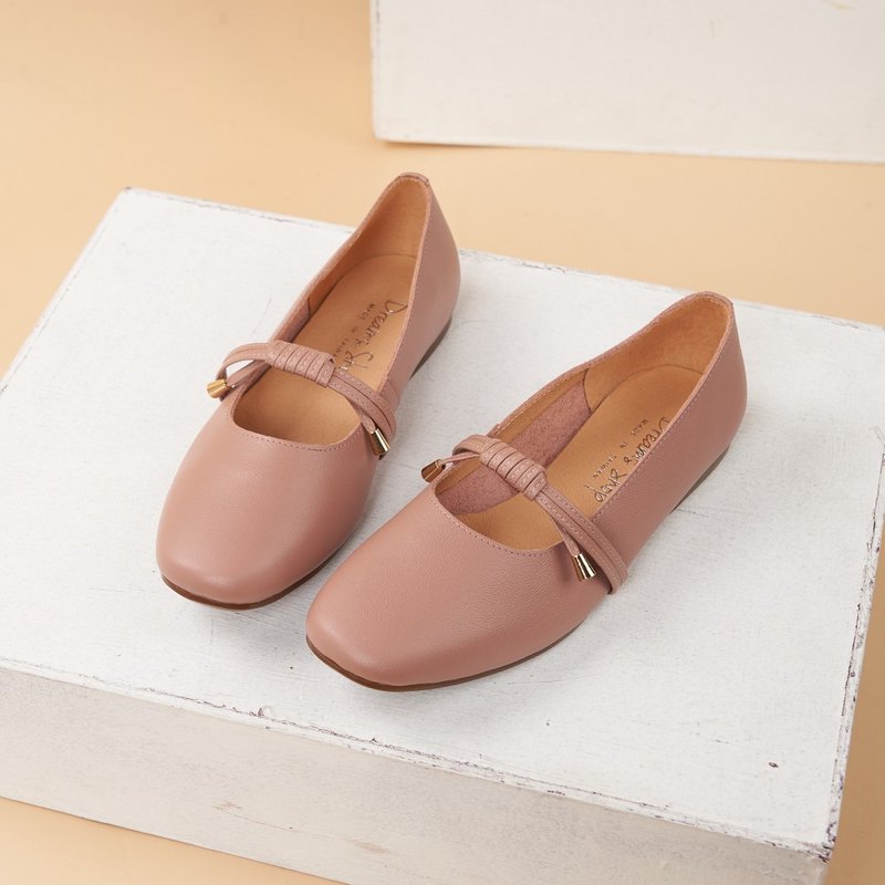 Mary Jane_Knotted flat square toe doll shoes pink - รองเท้าบัลเลต์ - หนังแท้ สึชมพู