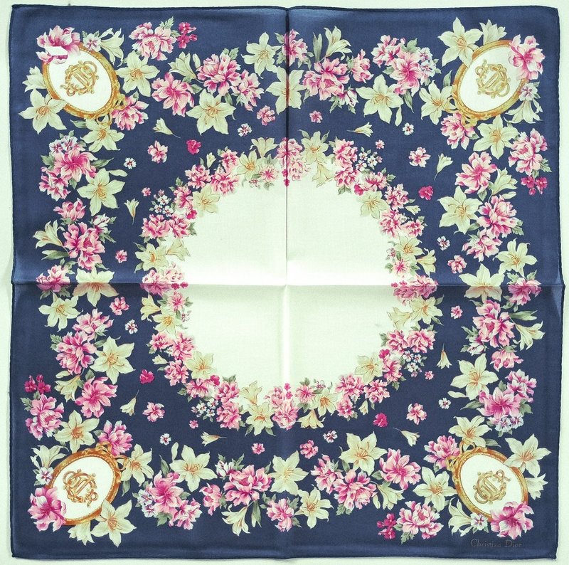 Christian Dior Vintage Handkerchief Floral Circle 19 x 19 inches - 手帕 - 棉．麻 藍色