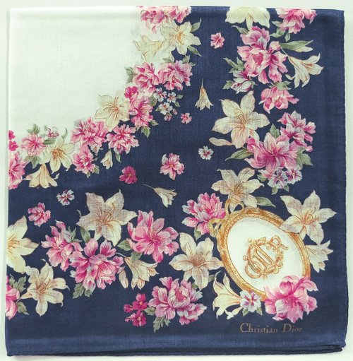 orangesodapanda Christian Dior Vintage Handkerchief Floral Circle on Blue 19 x 19 inches