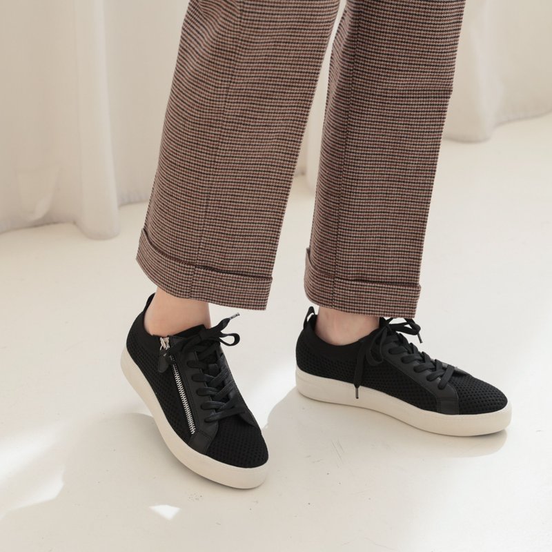 Zipper design lace-up knitted casual shoes flat shoes lace-up canvas shoes - Women's Casual Shoes - Genuine Leather 