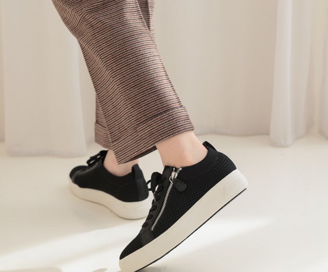 Zipper design lace-up knitted casual shoes flat shoes lace-up canvas shoes  - Shop wypex Women's Casual Shoes - Pinkoi