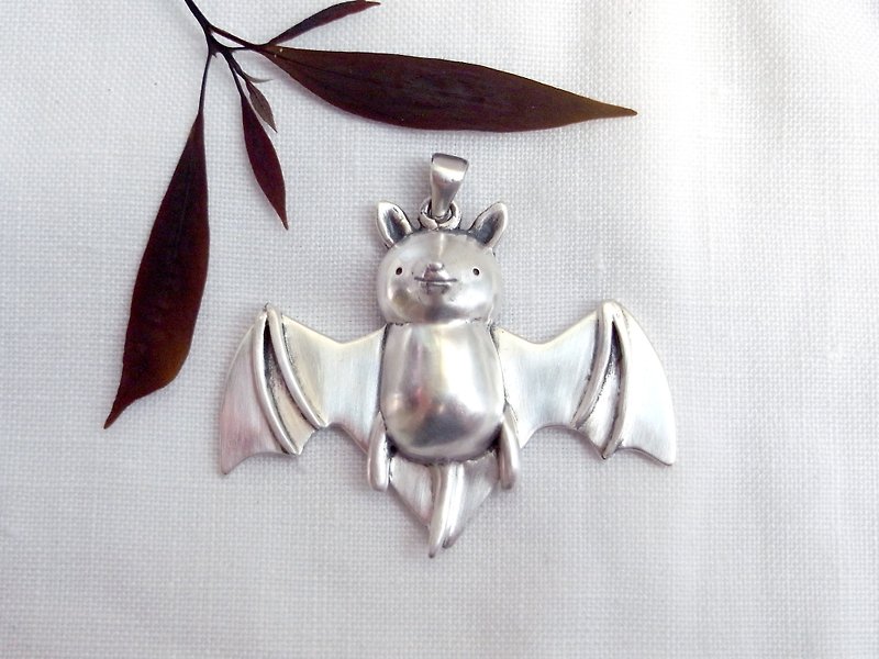 Silver Bat --Sterling Silver--Cute Bat---Pendant Necklace with Wax Rope - Necklaces - Silver Silver