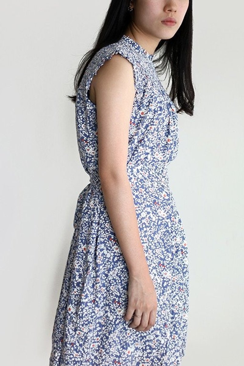 Purplish blue small floral sleeveless cotton dress - ชุดเดรส - ผ้าฝ้าย/ผ้าลินิน 