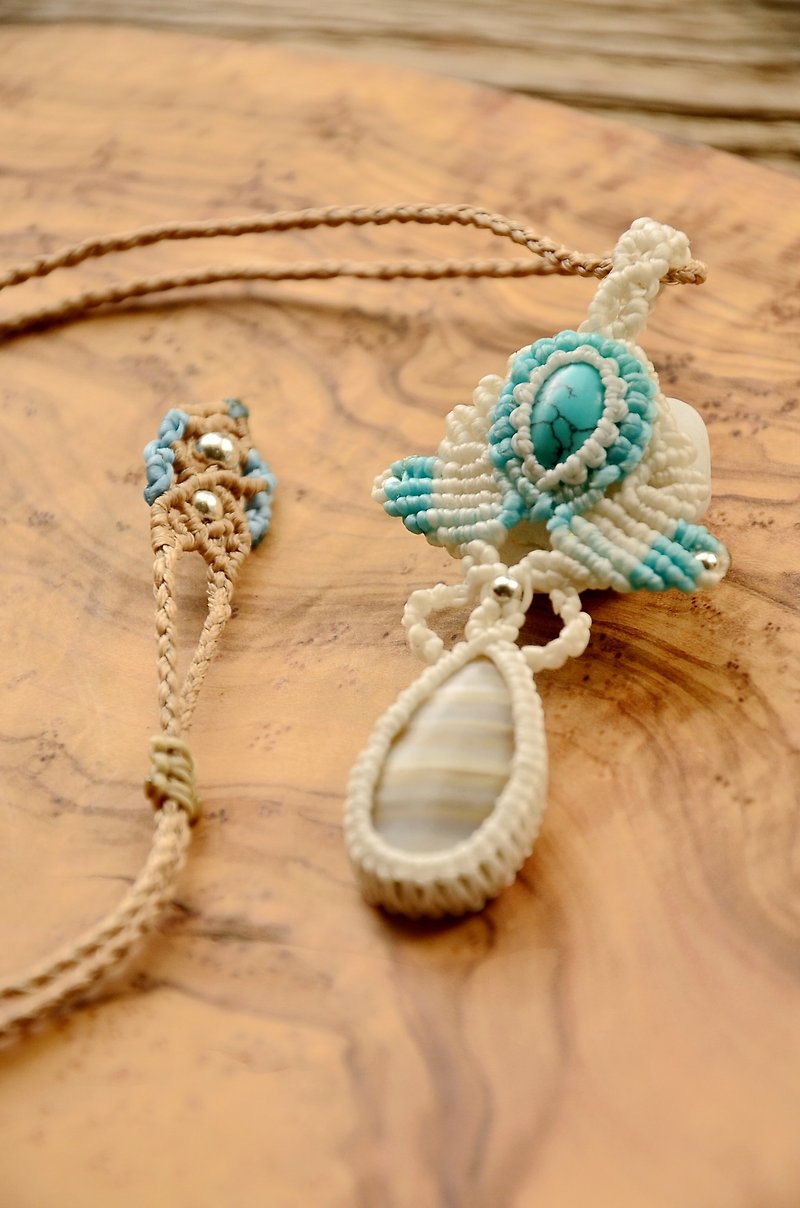 織途-瑪瑙石-手制Macrame花邊編織吊墜 - 項鍊 - 寶石 白色