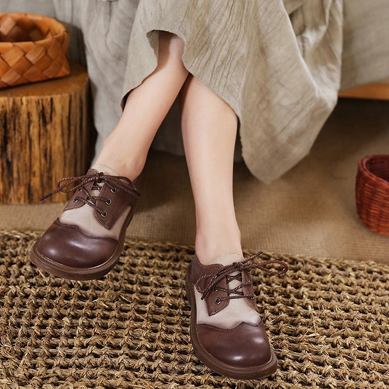 2021 spring and summer color matching small leather shoes lace-up single shoes - รองเท้าหนังผู้หญิง - หนังแท้ สีดำ