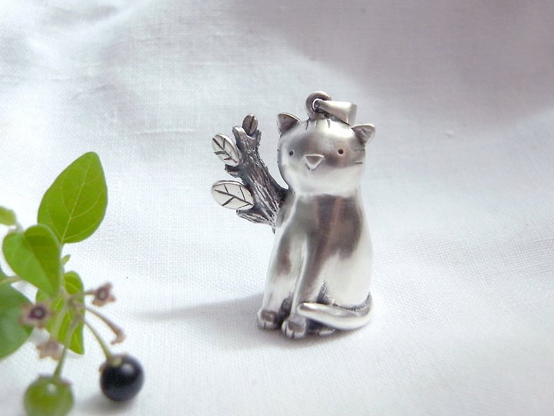 Cat And Little Tree | Silver Cat --Pendant Necklace with Wax Rope - Necklaces - Silver Gray