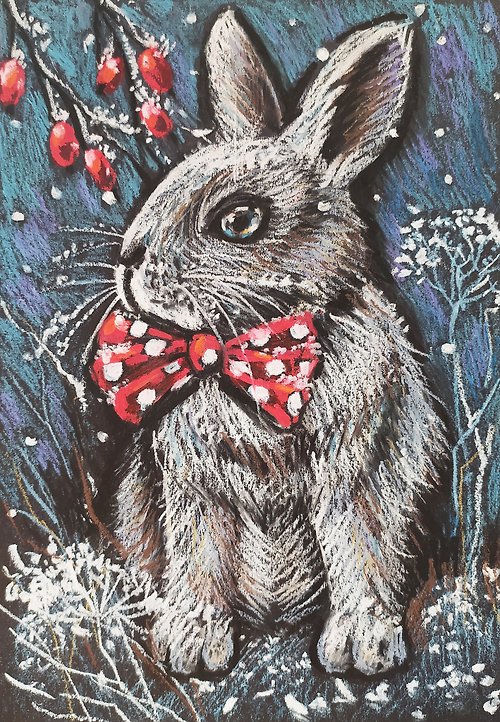 Nadinart rabbit art in a snowy winter forest animal art oil pastel realism art painting