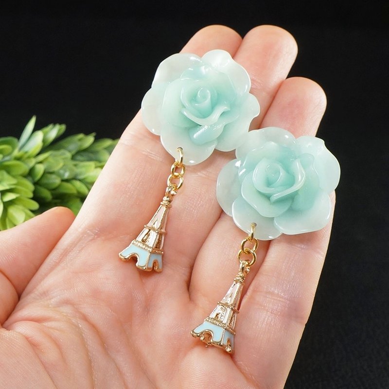 Mint Rose Paris Earrings Gold Eiffel Tower Romantic Statement Earrings Jewelry - 耳環/耳夾/耳骨夾 - 其他材質 綠色