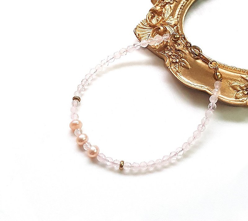 Eternal - Eternal Diamond cut rose quartz pink freshwater pearl Bronze bracelet Valentine's Day gift exchange - สร้อยข้อมือ - โลหะ สึชมพู