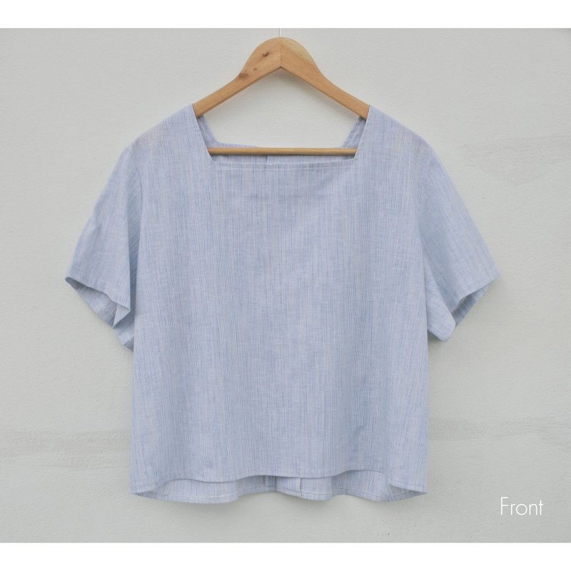 Cotton | Light blue square neck short sleeve shirt - 女上衣/長袖上衣 - 棉．麻 藍色