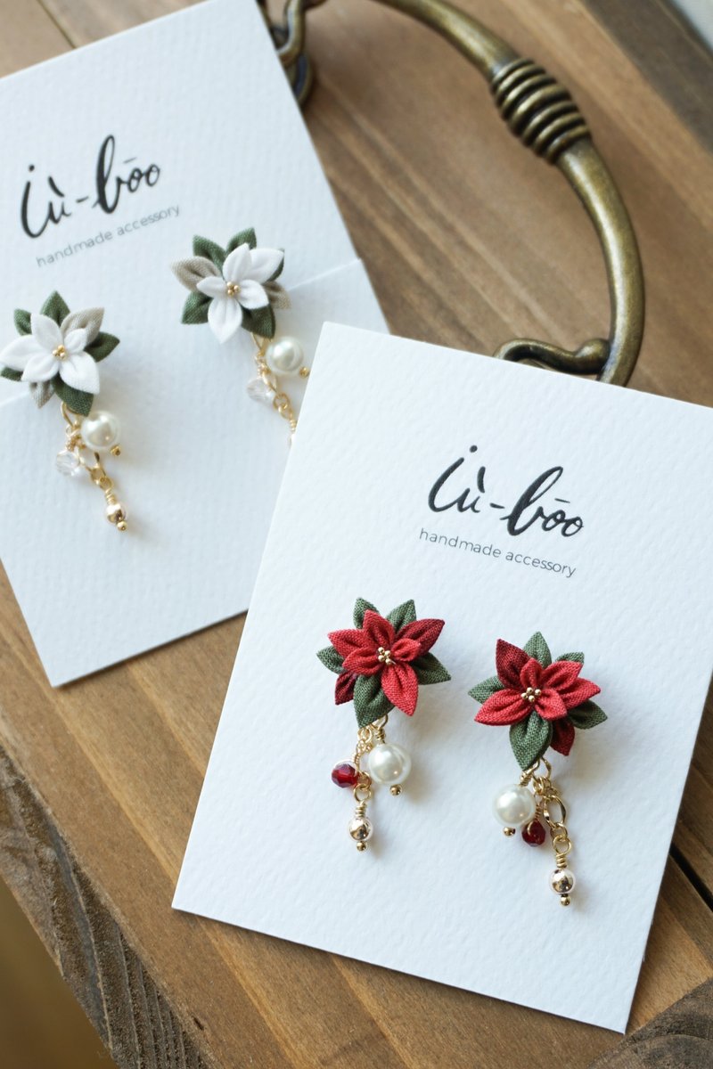 冬季系列 聖誕紅與白 Poinsettia Red & White 聖誕節 布花耳環 - 耳環/耳夾/耳骨夾 - 棉．麻 