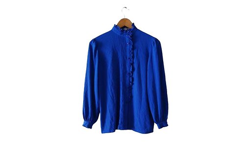 puremorningvintage 1970s Hanae Mori cobalt blue ruffle top, stand collar,high neck, Small- Medium