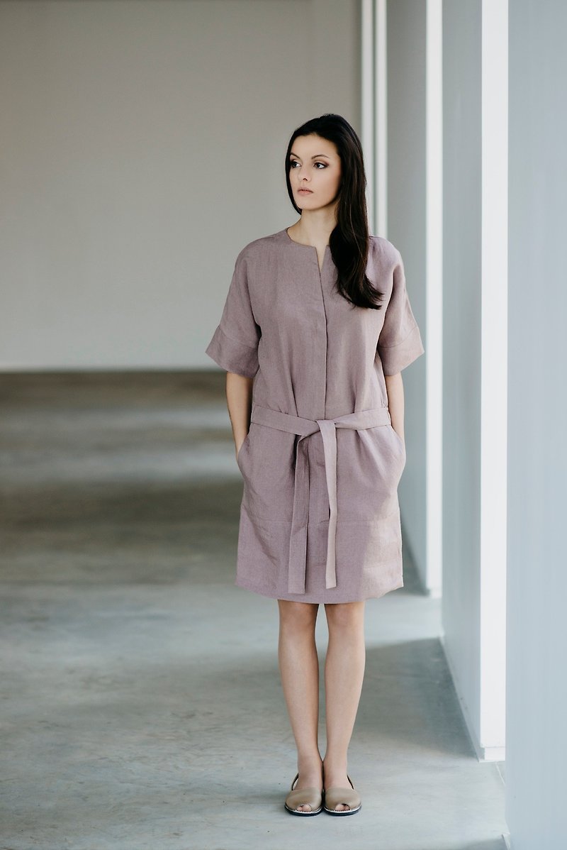 Linen Dress Motumo With Wide Sleeves 15S6 - ชุดเดรส - ลินิน หลากหลายสี