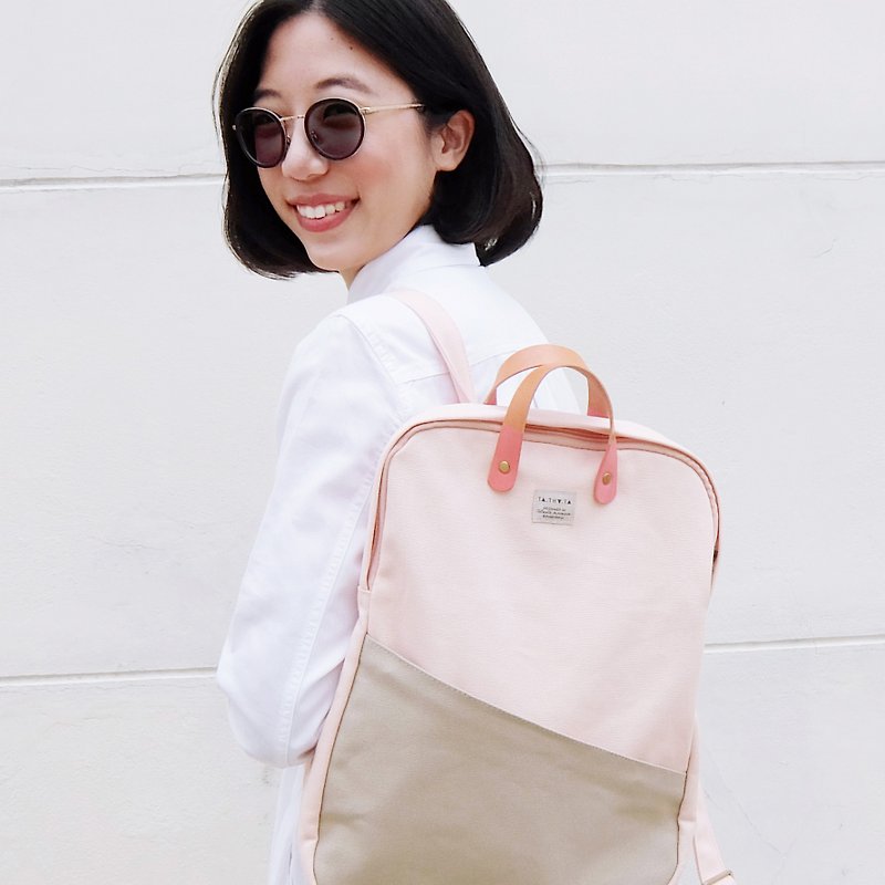 Pink girl backpack : 3 ways bag : backpack, sling bag, handbag - กระเป๋าเป้สะพายหลัง - ผ้าฝ้าย/ผ้าลินิน สึชมพู