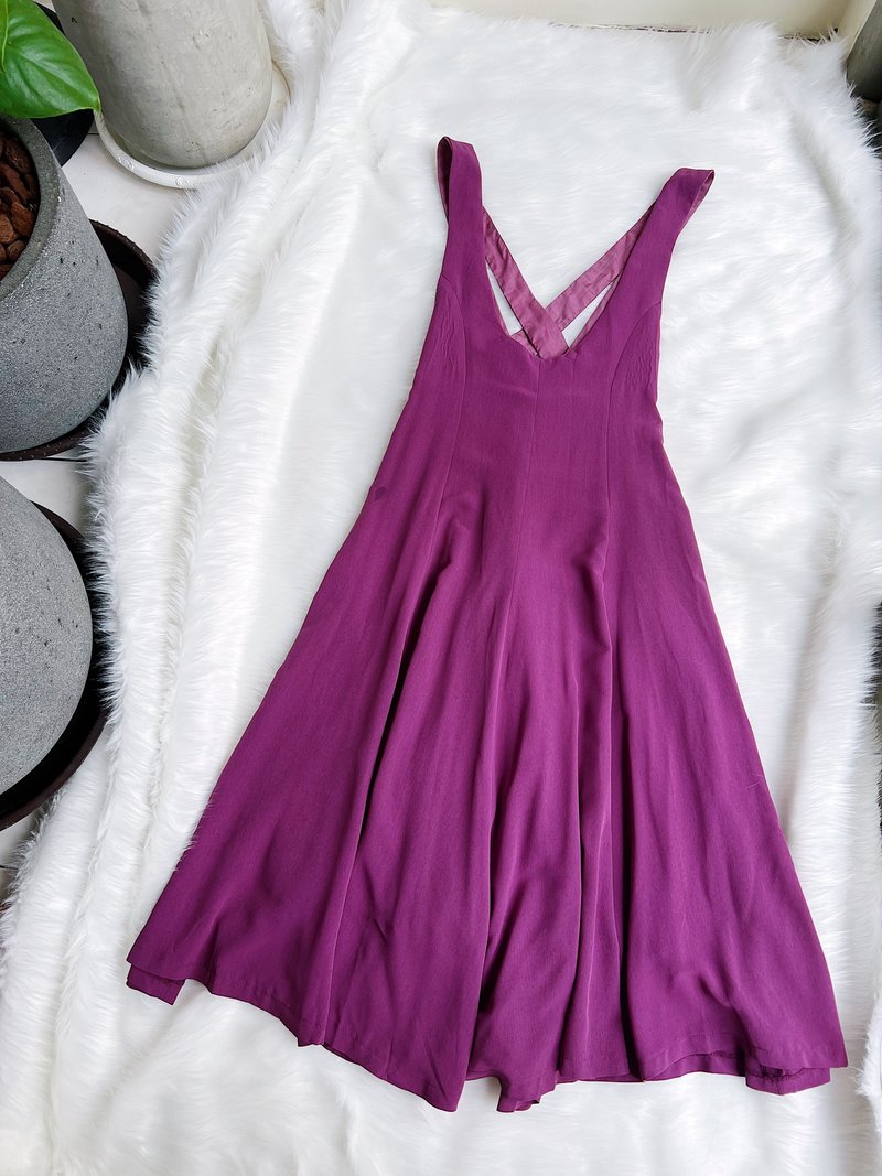 紫羅蘭背交叉大V領 古著洋裝連衣裙連身裙吊帶裙 vintage dress - 洋裝/連身裙 - 聚酯纖維 紫色