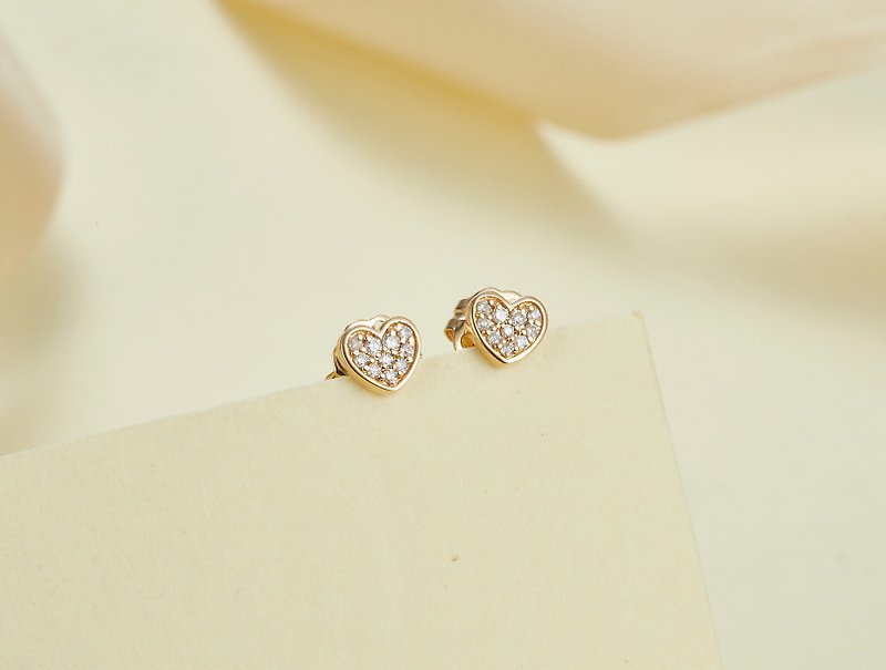 18k Yellow Gold Heart Diamond Stud Earring, Custom Jewelry Gift for her, E018 - ต่างหู - เพชร สีเงิน