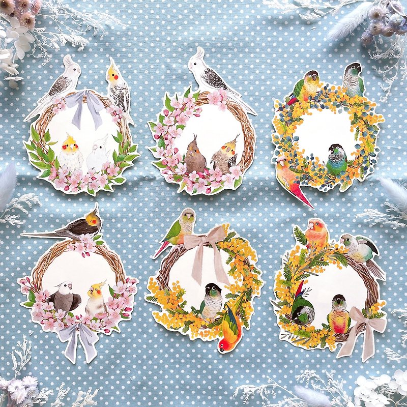Rolia's ハンドメイド Xuanfeng/Little Sun Parrot Cherry Blossom/ ゴールド Wreath 防水ホワイト背景ステッカー - シール - 紙 