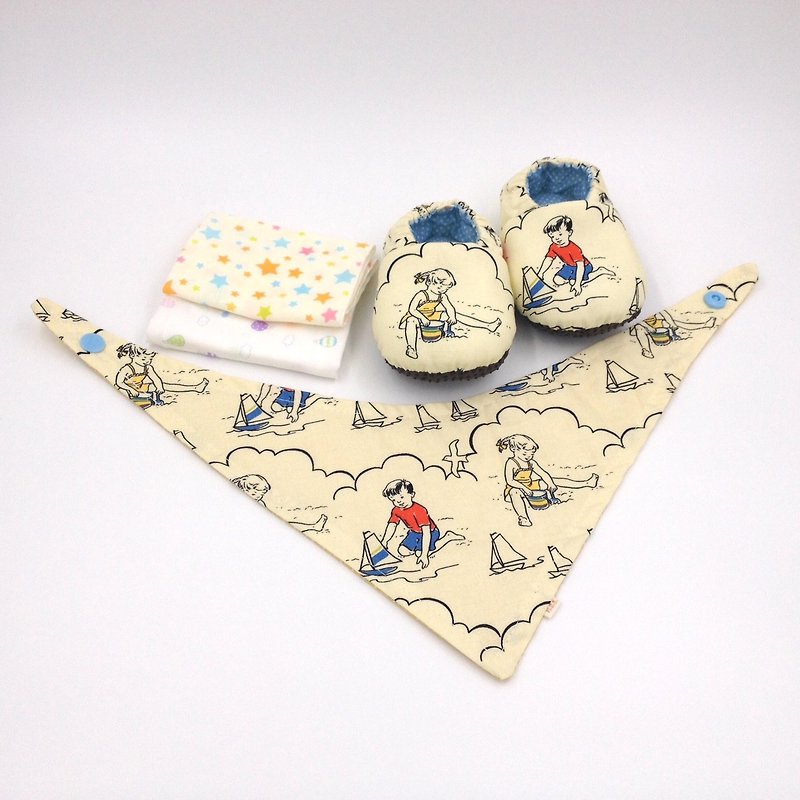 兒童沙灘-彌月寶寶禮盒(學步鞋/寶寶鞋/嬰兒鞋+2手帕+領巾) - 滿月禮物 - 棉．麻 黃色