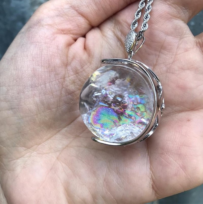 【Lost And Find】Natural rainbow in crystal Ball 925 necklace - Necklaces - Gemstone Multicolor