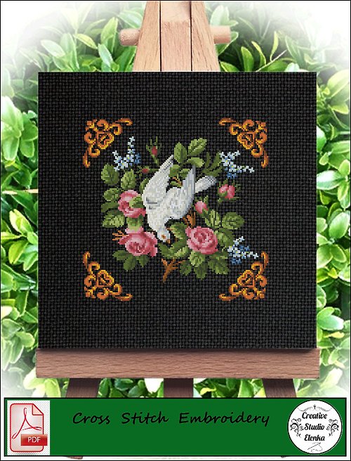 CreativeStudioElenka Vintage Cross Stitch Scheme Dove and flowers - PDF Embroidery Scheme