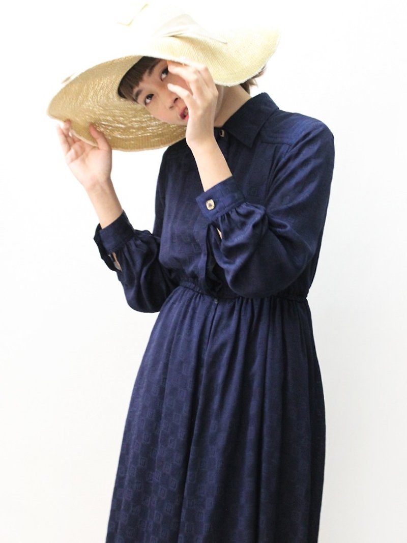【RE0503D1179】日本製復古深藍色格紋印花布長袖春夏古著洋裝 - 洋裝/連身裙 - 聚酯纖維 藍色