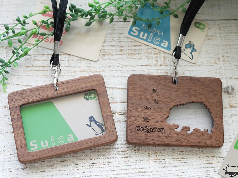 Neck strap wooden card holder/Hedgehog - Card Holders & Cases - Wood Brown