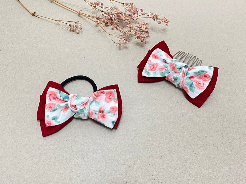 Lanka Rose Red | Flower Series Double Bow Hair Comb Hair Accessories - เครื่องประดับผม - ผ้าฝ้าย/ผ้าลินิน สีแดง