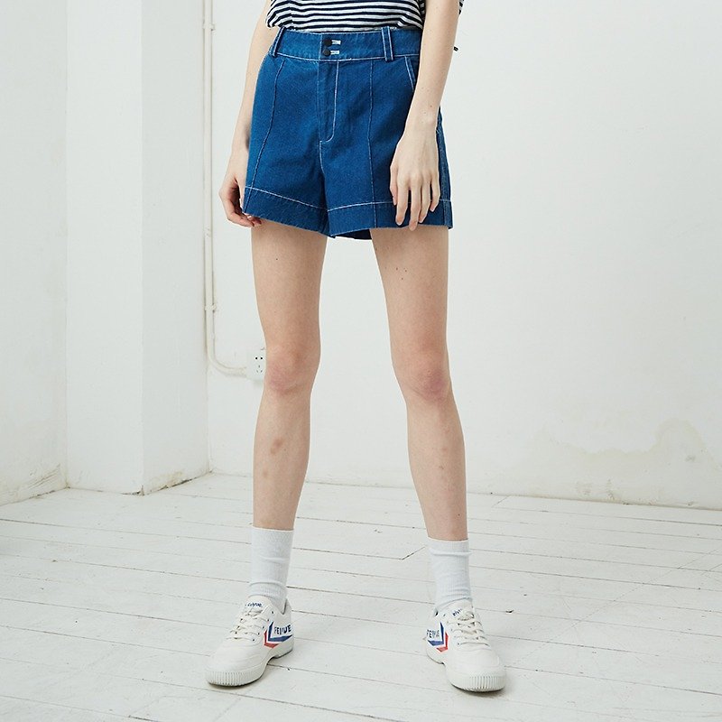 Cotton denim high waist shorts - กางเกงขายาว - ผ้าฝ้าย/ผ้าลินิน สีน้ำเงิน