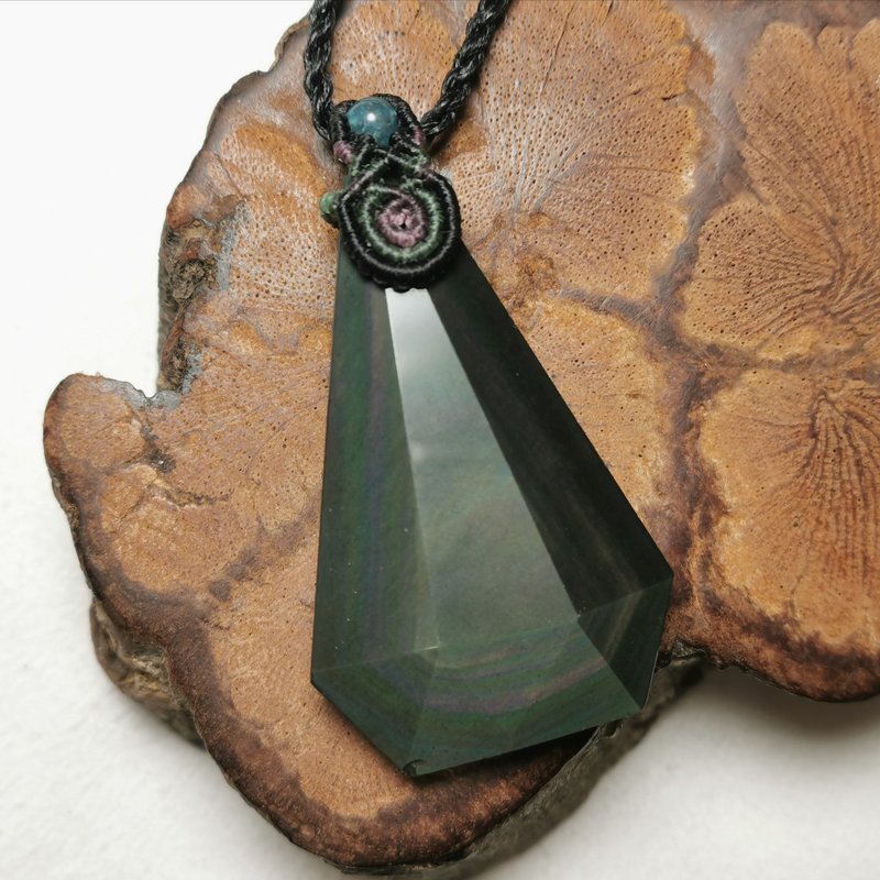 Rainbow Obsidian/Polyhedron-Waxed Wax Braid/Necklace Adjustable Length - สร้อยคอ - เครื่องประดับพลอย สีดำ