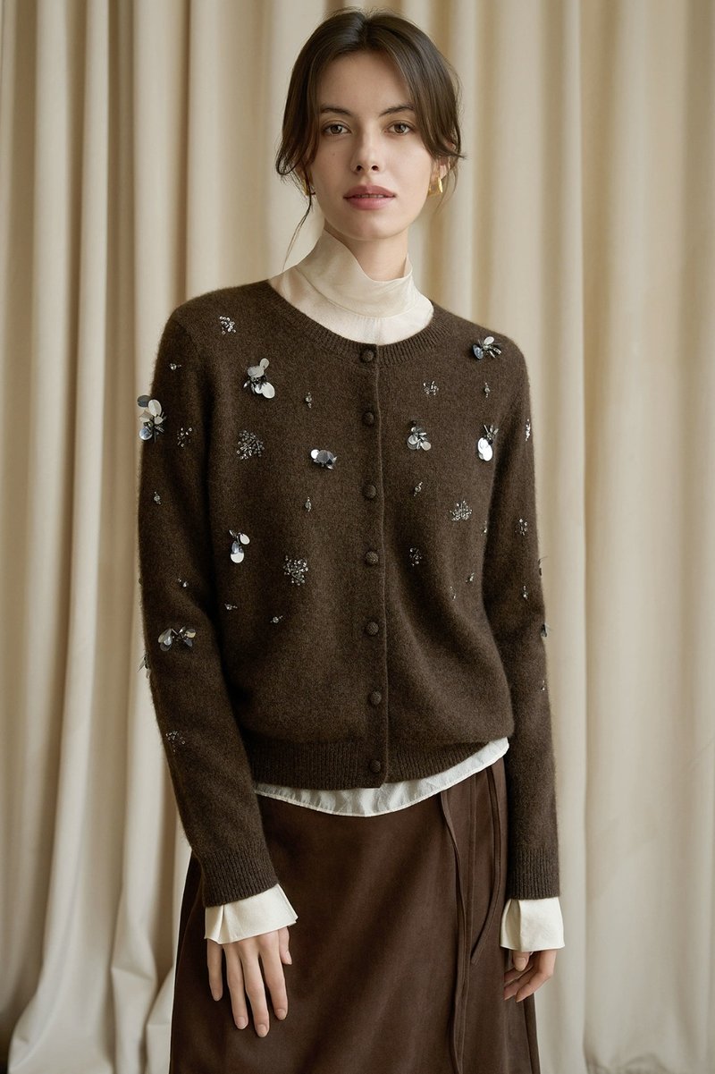 法式復古 / 手工珠片慵懶針織毛衣 / 犛牛絨 羊絨 - 女毛衣/針織衫 - 其他材質 咖啡色