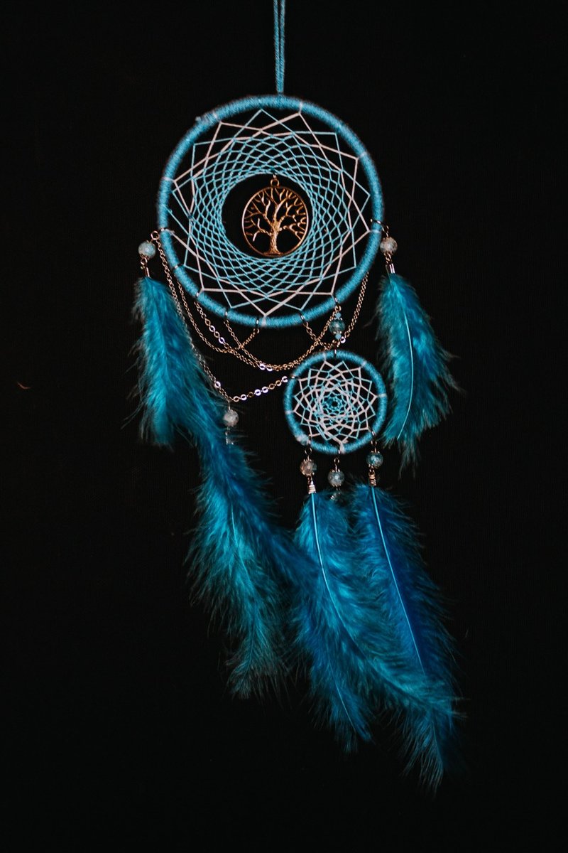 Handmade Dreamcatcher - 【Mother & Son Tree of aLife (Blue)】 - ของวางตกแต่ง - วัสดุอื่นๆ สีน้ำเงิน