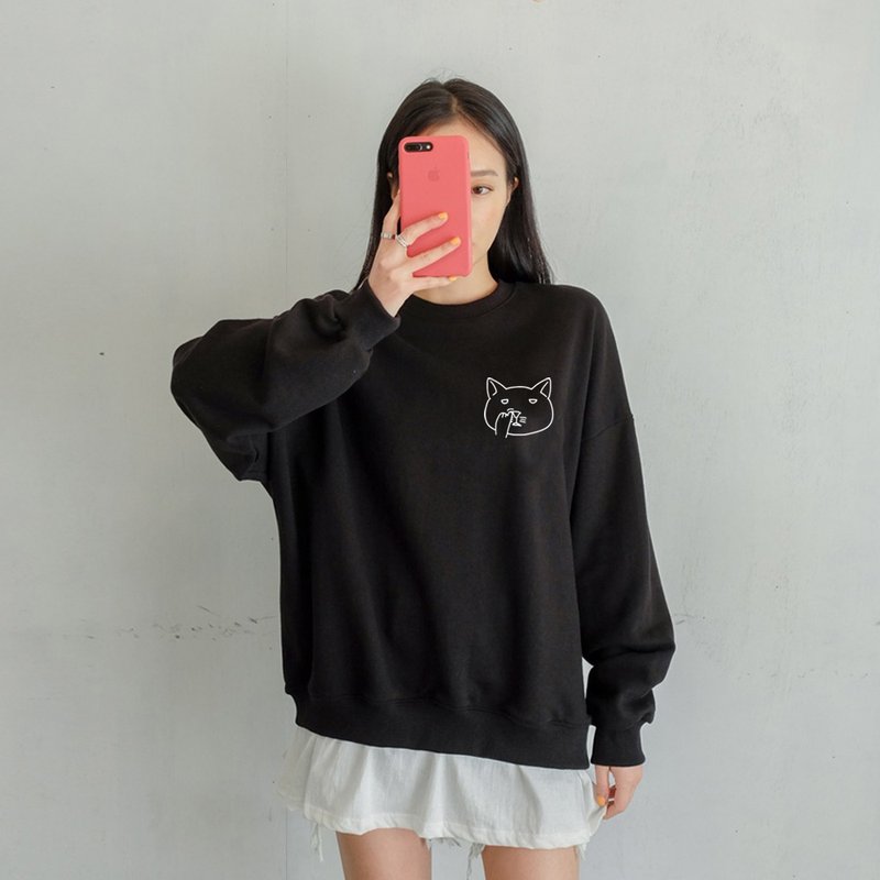 左胸に鼻をほじる猫のユニセックススウェットシャツ、裏起毛、ブラック、猫、秋冬 - トップス - コットン・麻 ブラック