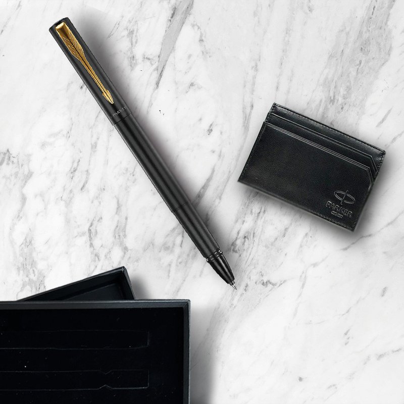Parker 派克 新款威雅XL 黑桿金夾鋼珠筆  牛皮卡夾禮盒 免費刻字 - 鋼珠筆 - 其他金屬 黑色
