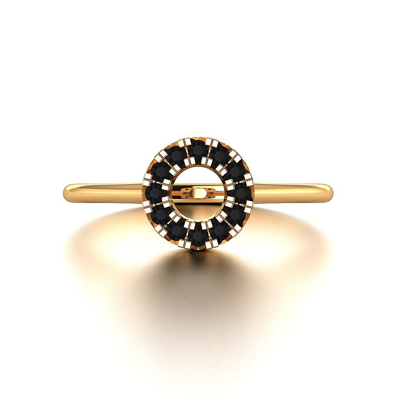 【黑鑽系列】純18K金圓形魅力黑鑽石戒指 手工製輕珠寶 R054 - 戒指 - 鑽石 黑色