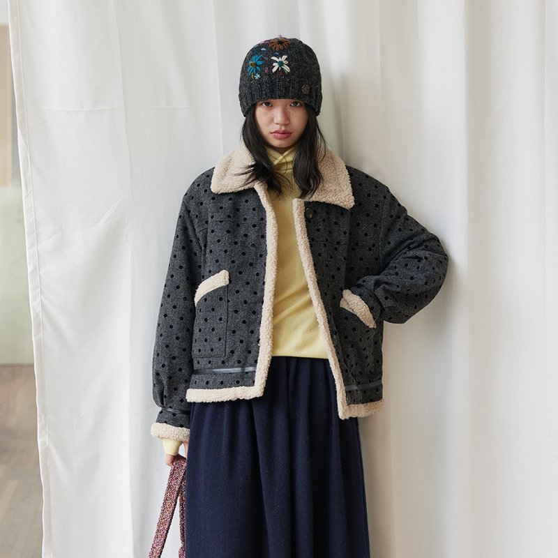 波點羊羔毛外套|外套|冬款|Sora-1702 - 女大衣/外套 - 羊毛 灰色